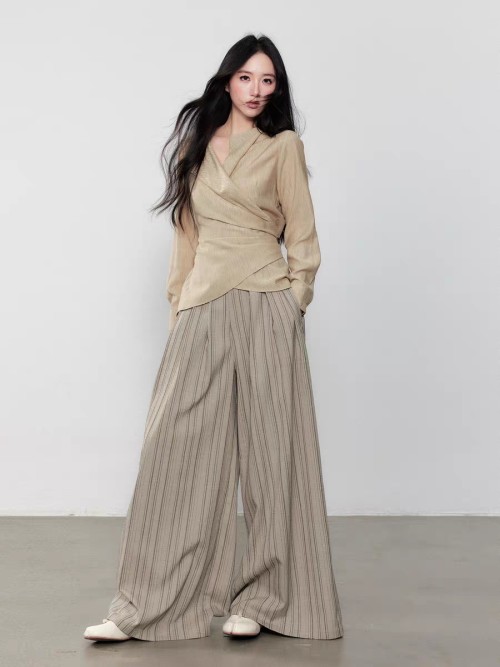 Elegant Women's Striped Cotton Linen Wide Leg Pants - Versatile Style 1 Elegant Women's Striped Cotton Linen Wide Leg Pants - Versatile Style