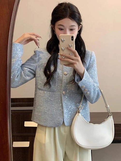 Elegant Tweed Jacket with Beaded Sequins - Chanel Style, Blue, S-XL 1 Elegant Beaded Sequin Tweed Jacket - Chanel Inspired, Timeless Style