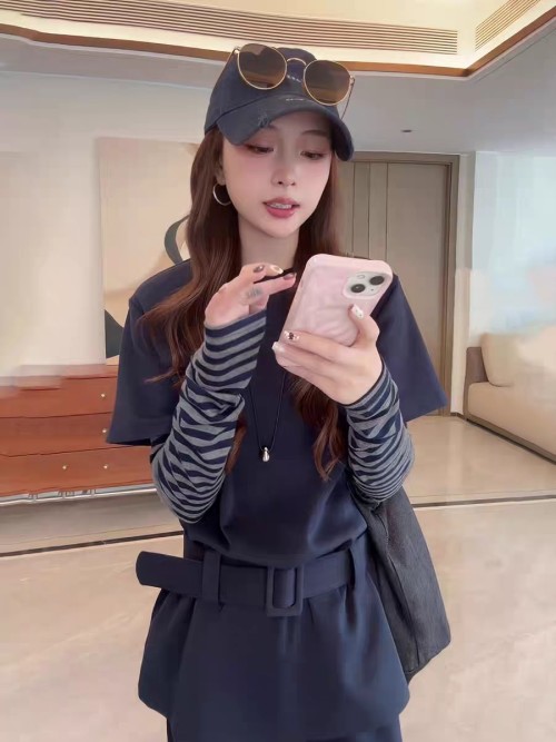 Chic Women's Navy Blue Two-Piece Outfit with Belted Top and Pants 1 Chic Women's Navy Blue Two-Piece Outfit with Belted Top and Pants