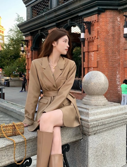Elegant Women's Khaki Blazer Dress with Belt - Slim Fit, Chic Style 1 Elegant Women's Khaki Blazer Dress with Belt - Slim Fit, Chic Style