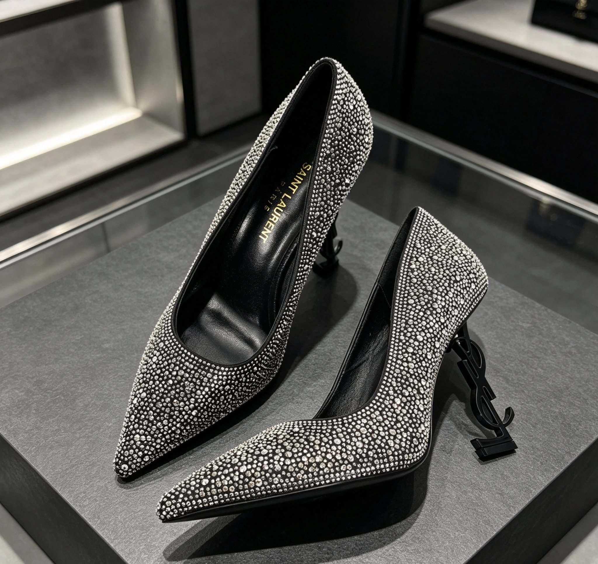 Saint Laurent Gray Sparkly Logo Heel Pumps