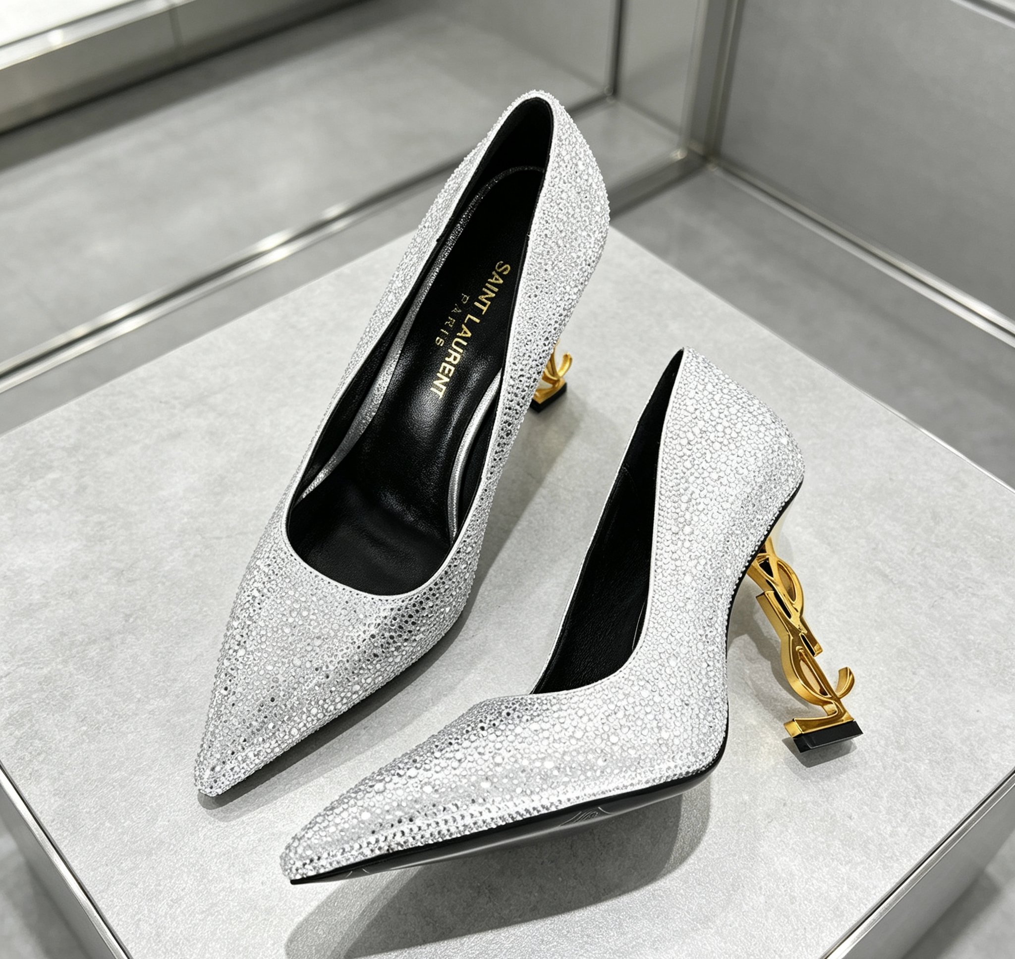 Saint Laurent Silver Sparkly Logo Heel Pumps