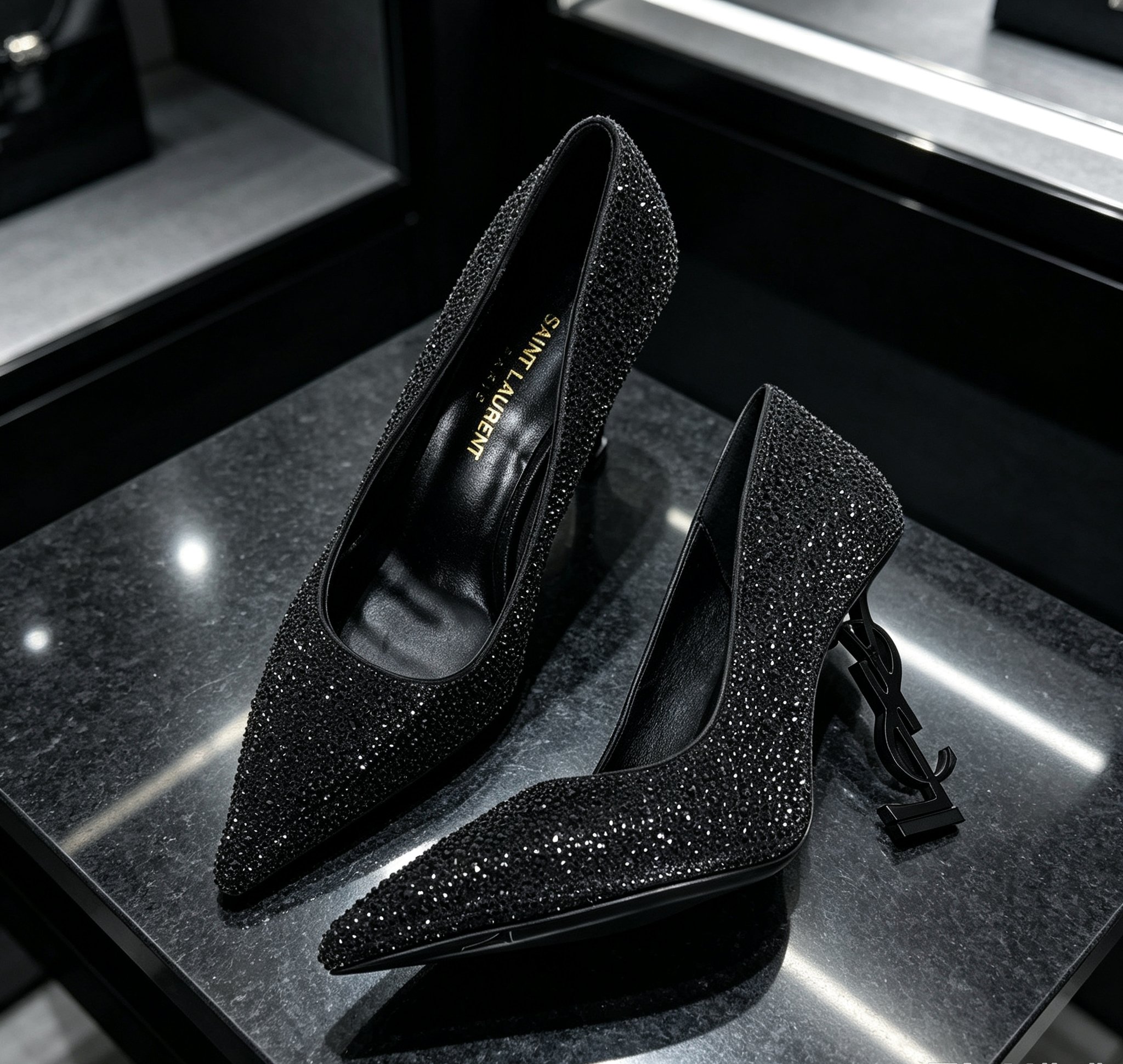 Saint Laurent Black Sparkly Logo Heel Pumps
