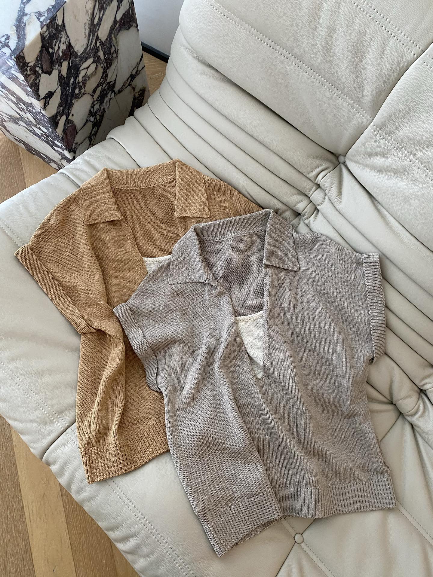 26SS 春夏新款 |假两件Polo针织衫 轻透肌理自带呼吸感翻领V领+撞色内搭吊带假两件设计自带随性利