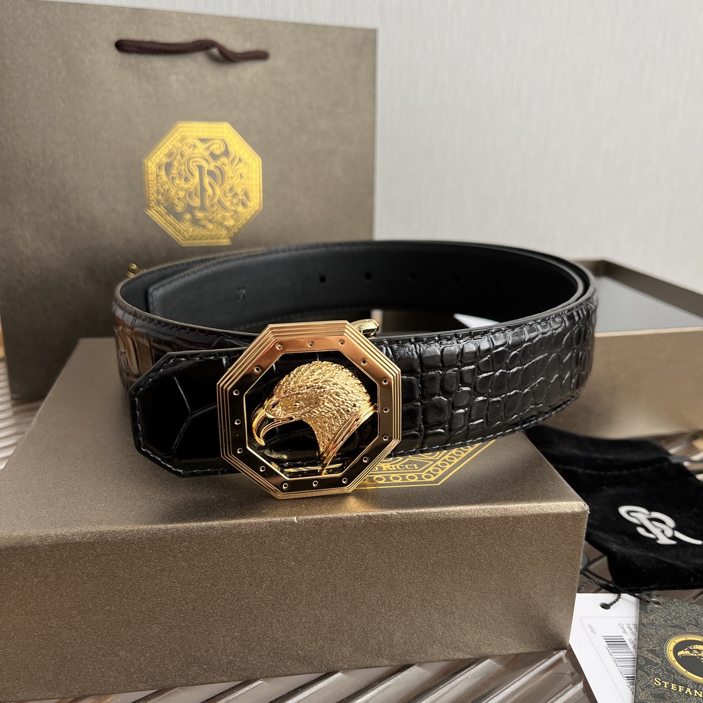 Stefano Ricci Men's Black Crocodile Embossed Leather Belt with Eagle Buckle 1 i1750683459888 8480 0 0