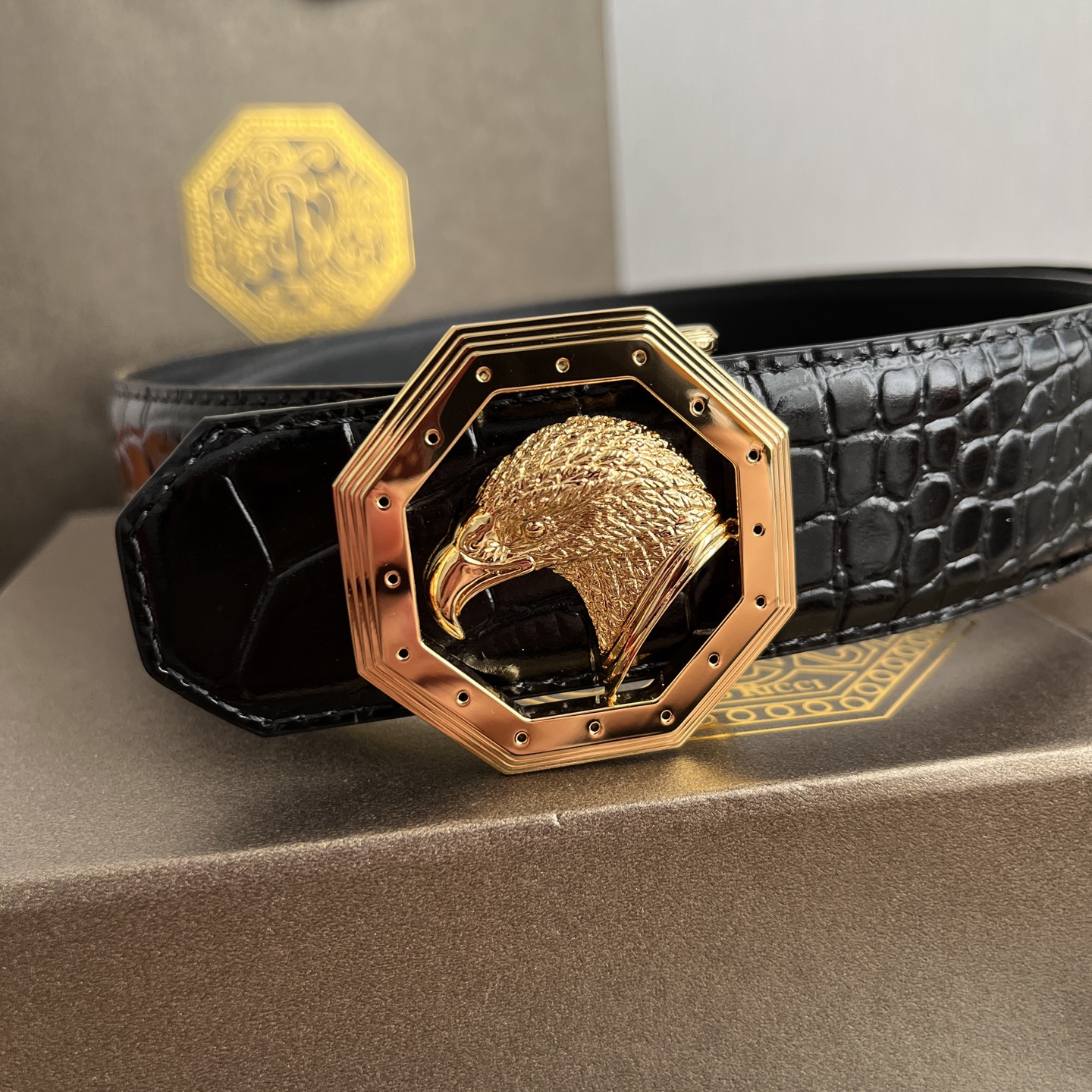 Stefano Ricci Men's Black Crocodile Embossed Leather Belt with Eagle Buckle 2 i1750683459896 3722 0 1