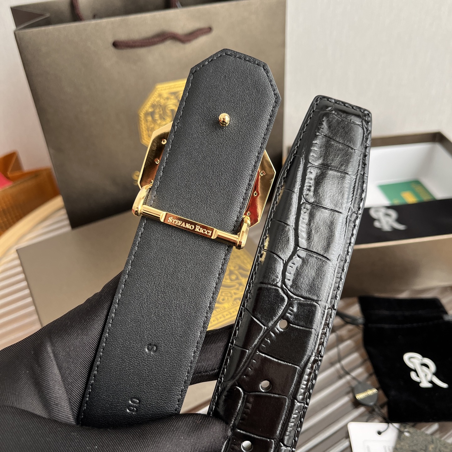 Stefano Ricci Men's Black Crocodile Embossed Leather Belt with Eagle Buckle 5 i1750683459896 8336 0 4