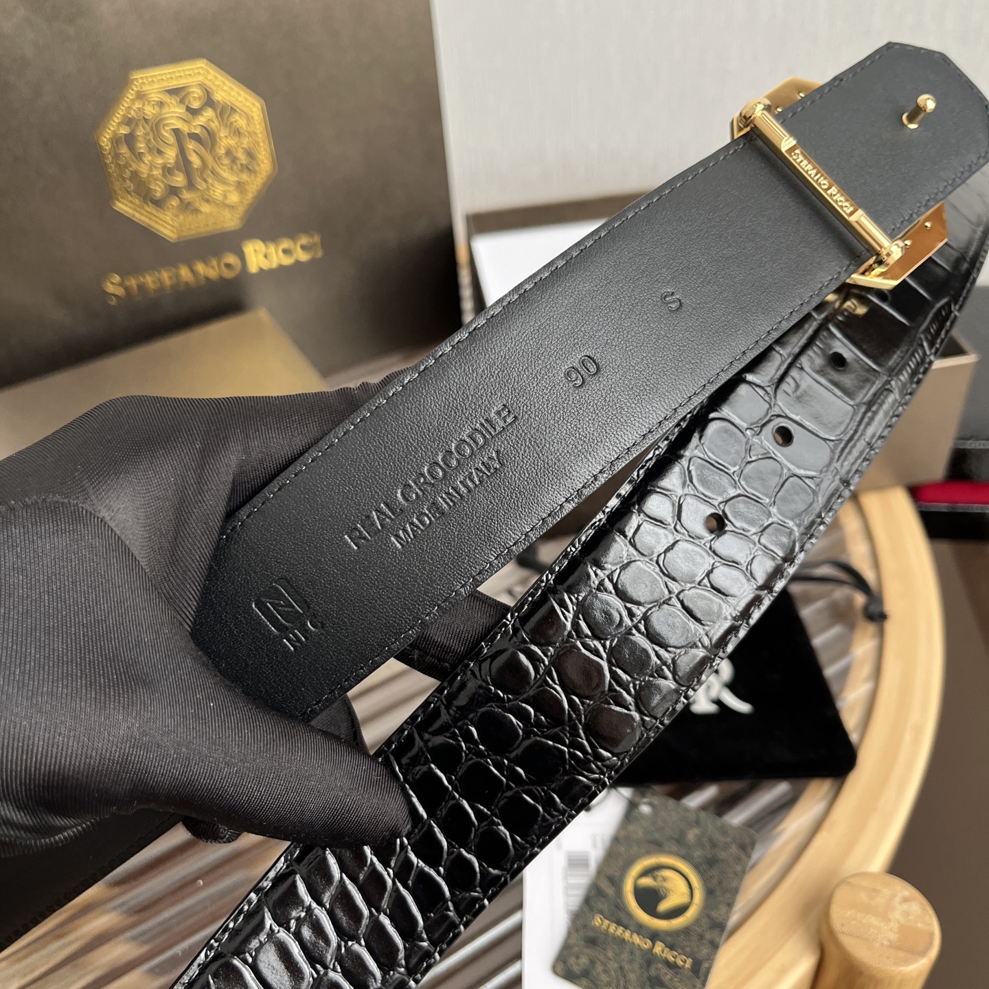Stefano Ricci Men's Black Crocodile Embossed Leather Belt with Eagle Buckle 6 i1750683461892 4123 0 5