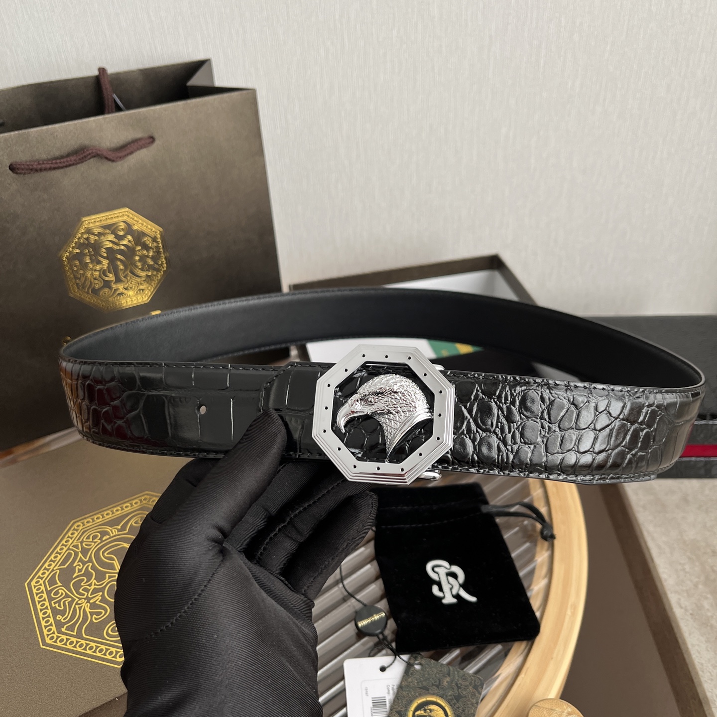 Stefano Ricci Men's Black Crocodile Embossed Leather Belt with Eagle Buckle 8 i1750683461975 9190 0 7