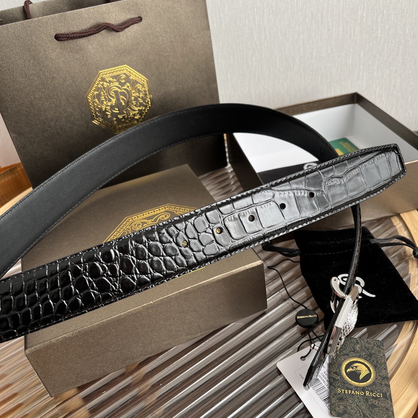 Stefano Ricci Men's Black Alligator Embossed Leather Belt with Eagle Buckle 3 i1750683483084 1343 0 2