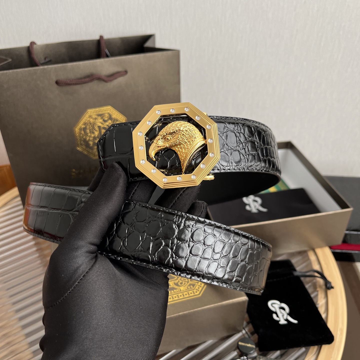 Stefano Ricci Men's Black Alligator Embossed Leather Belt with Eagle Buckle 8 i1750683483239 2042 0 7