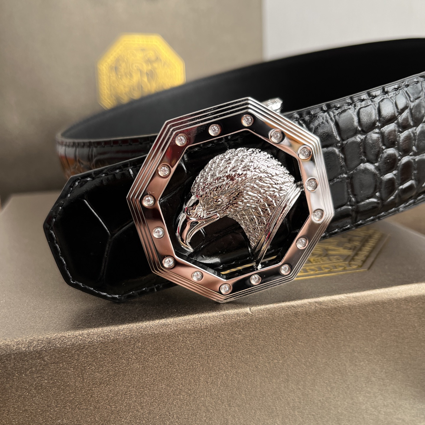 Stefano Ricci Men's Black Alligator Embossed Leather Belt with Eagle Buckle 2 i1750683484535 2155 0 1