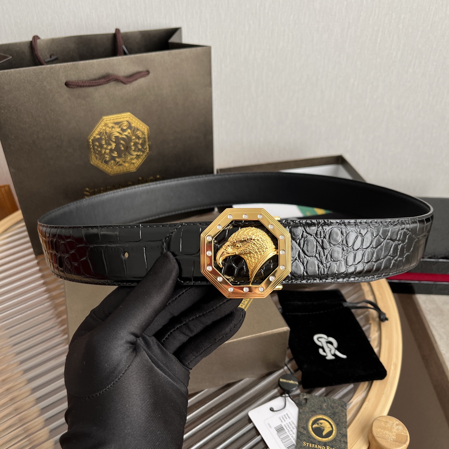 Stefano Ricci Men's Black Alligator Embossed Leather Belt with Eagle Buckle 9 i1750683484562 4712 0 8