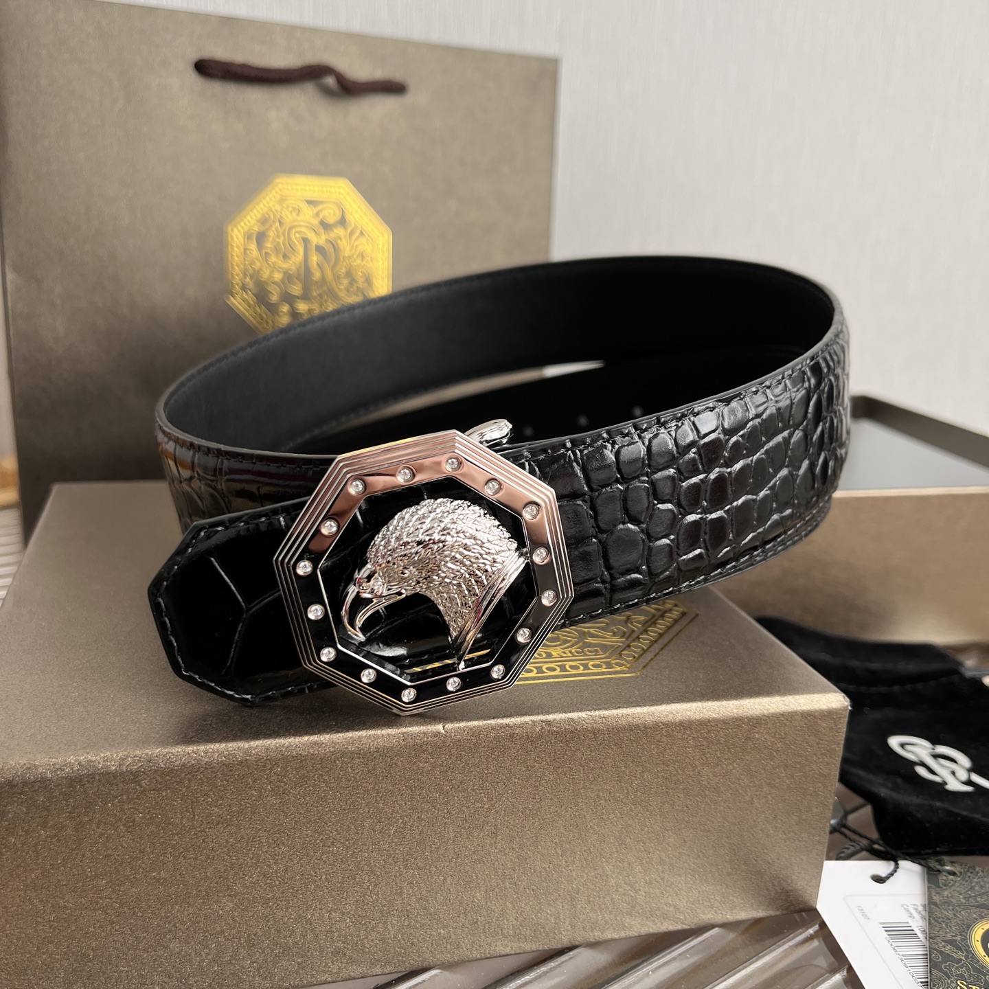 Stefano Ricci Men's Black Alligator Embossed Leather Belt with Eagle Buckle 1 i1750683484736 1250 0 0