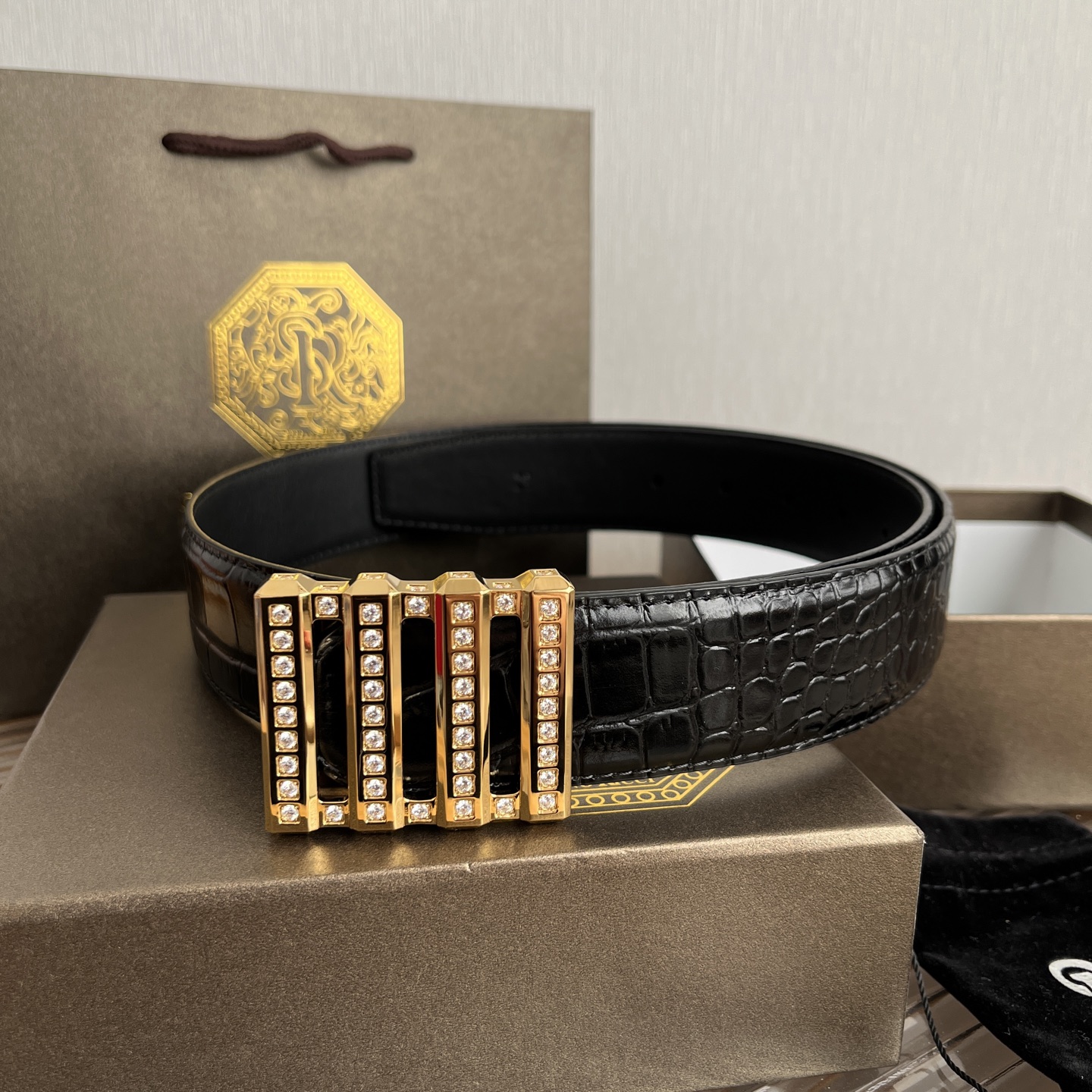 Stefano Ricci Men's Black Alligator Leather Belt with Diamond Buckle 2 i1750683639168 8390 0 0