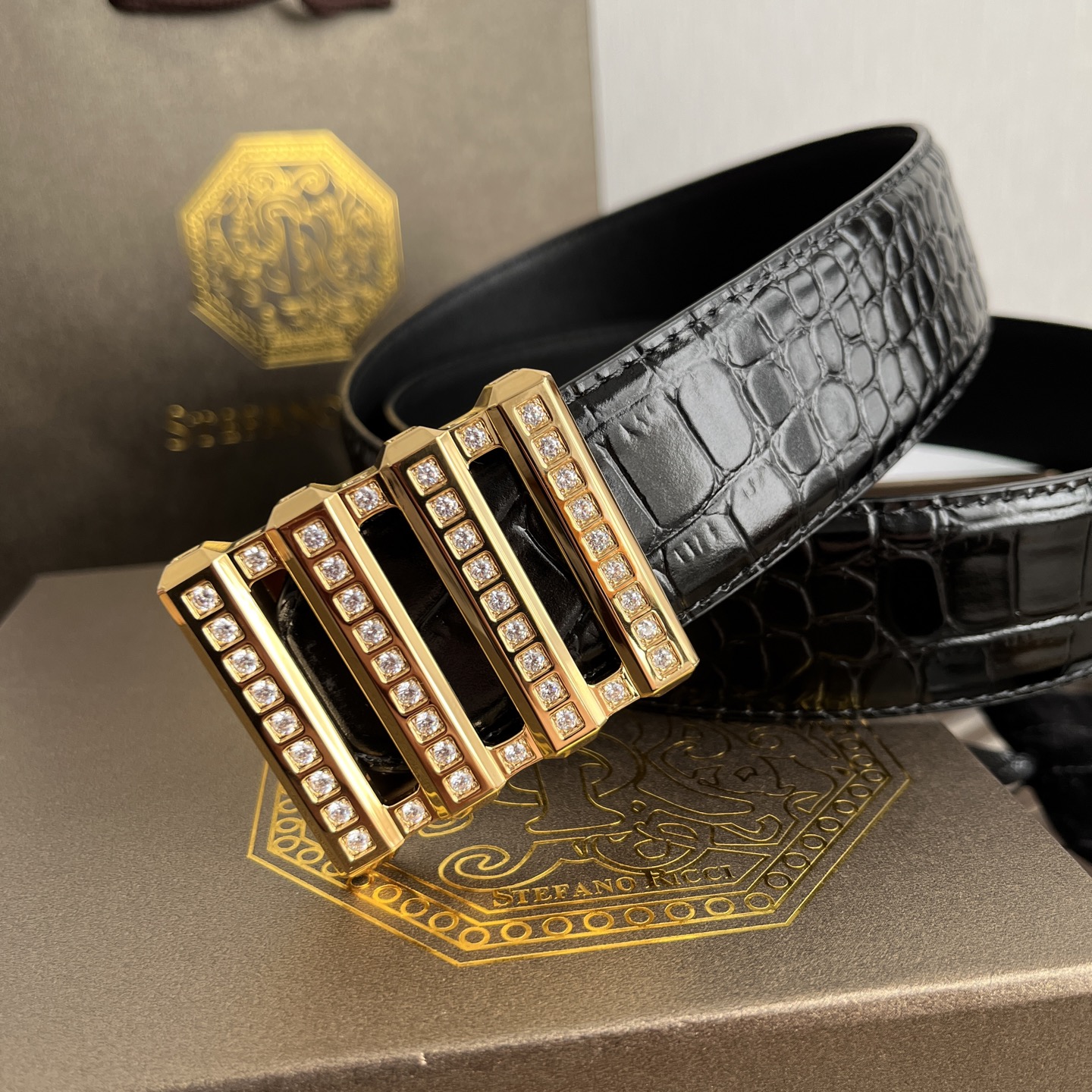 Stefano Ricci Men's Black Alligator Leather Belt with Diamond Buckle 9 i1750683640792 759 0 9