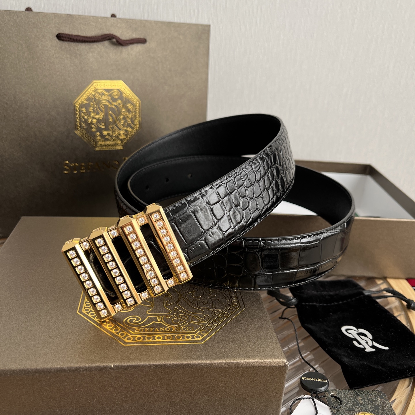 Stefano Ricci Men's Black Alligator Leather Belt with Diamond Buckle 8 i1750683640858 7421 0 8