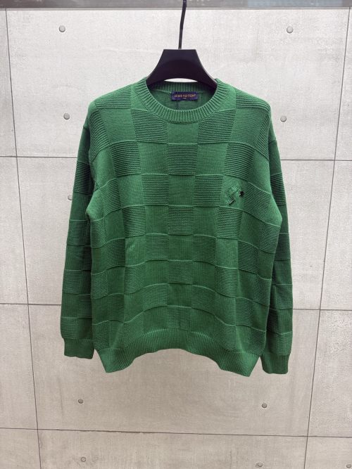 Louis Vuitton 24FW Green Wool Damier Knit Sweater with Pin Detail 1 Louis Vuitton 24FW Green Wool Damier Knit Sweater with Pin Detail
