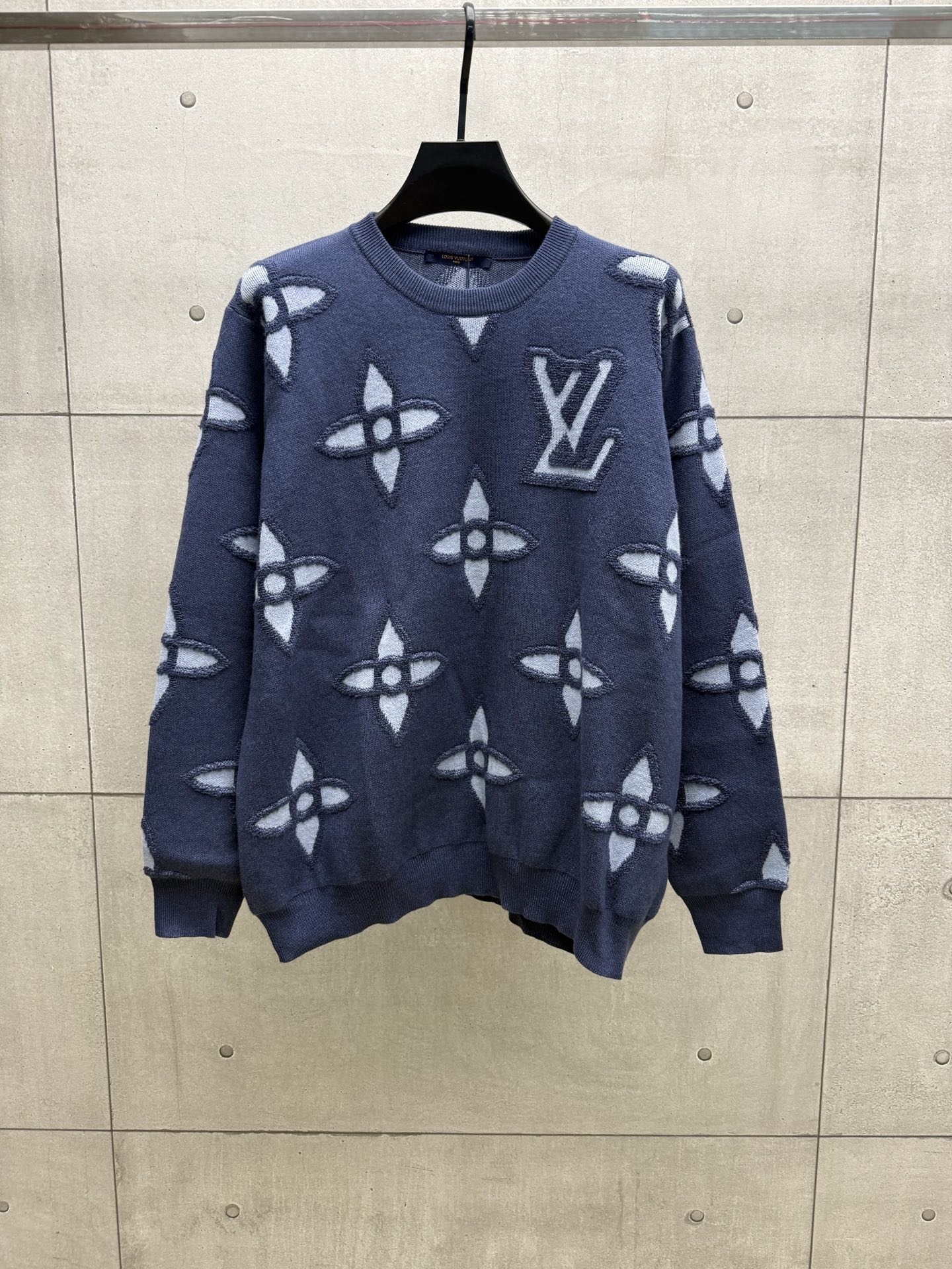 Louis Vuitton Blue Clover Jacquard Wool-Blend Sweater with Embossed Logo