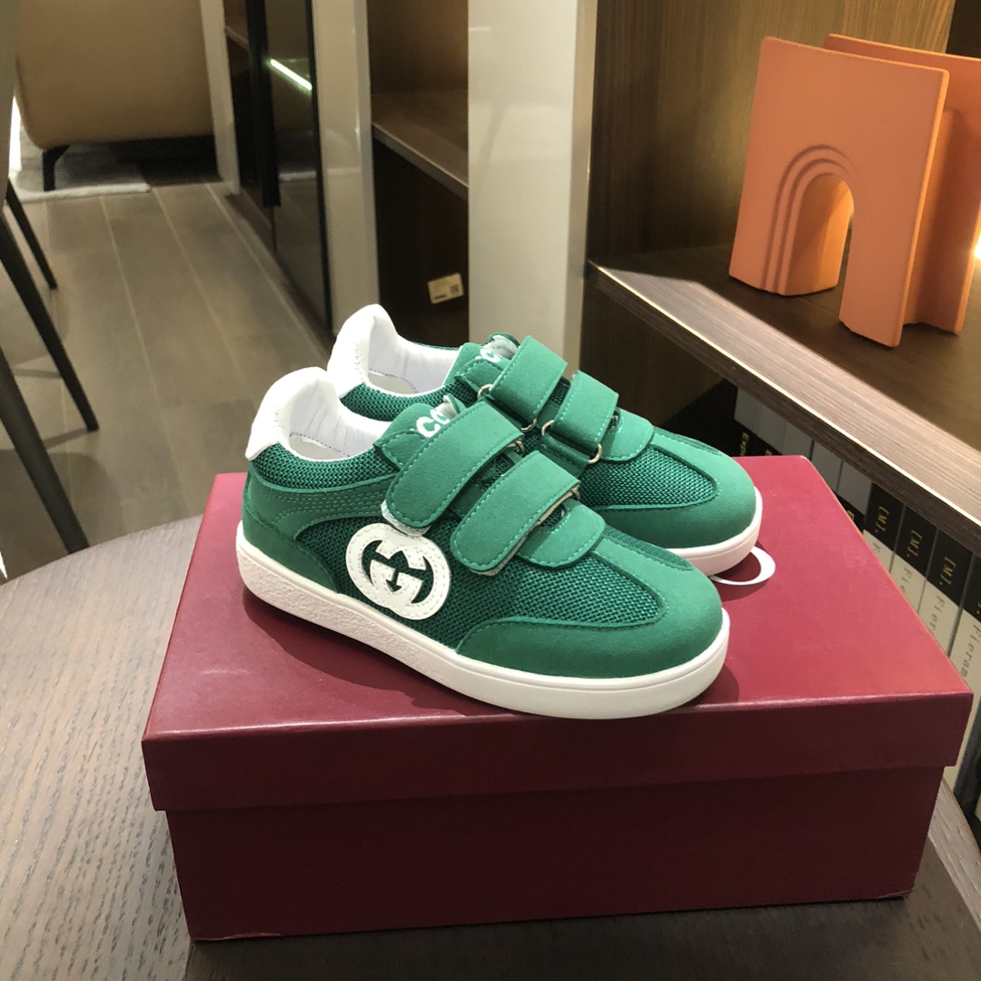 Gucci AAAAA+
 Casual Shoes Black Green Red White Splicing Kids Genuine Leather Rubber Vintage Casual