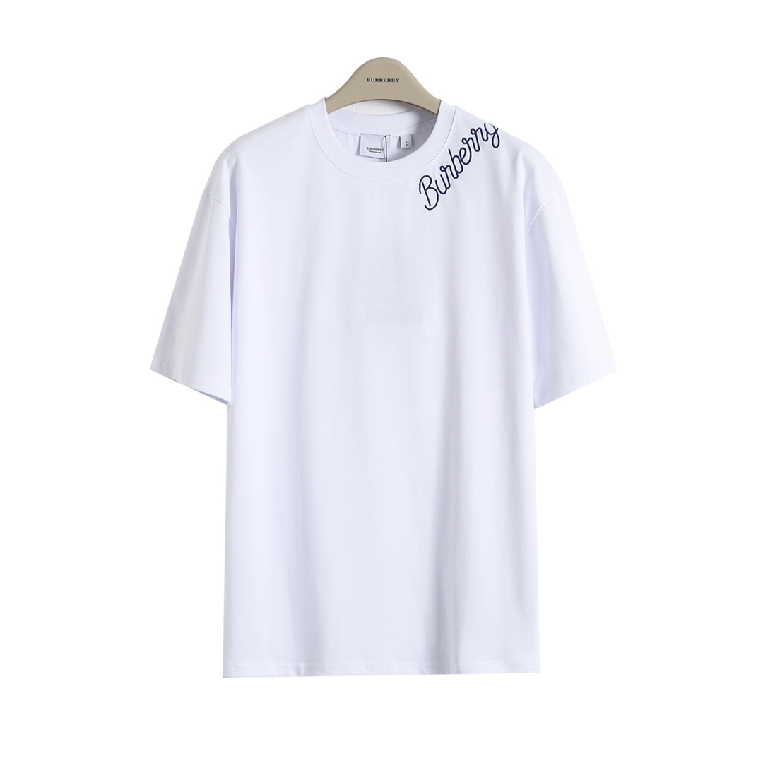 Burberry Blue Signature Embroidered Short Sleeve T-Shirt, Casual Daily Style