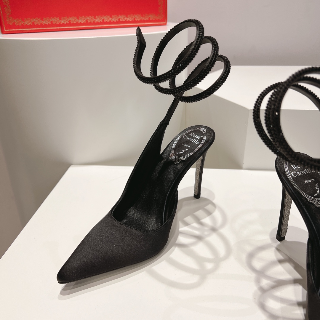 顶级版2024芮妮乔薇拉CLEO系列包头蛇形后绑带高跟女士露跟单鞋高跟鞋完美革新重新演绎最具标志性的尖头