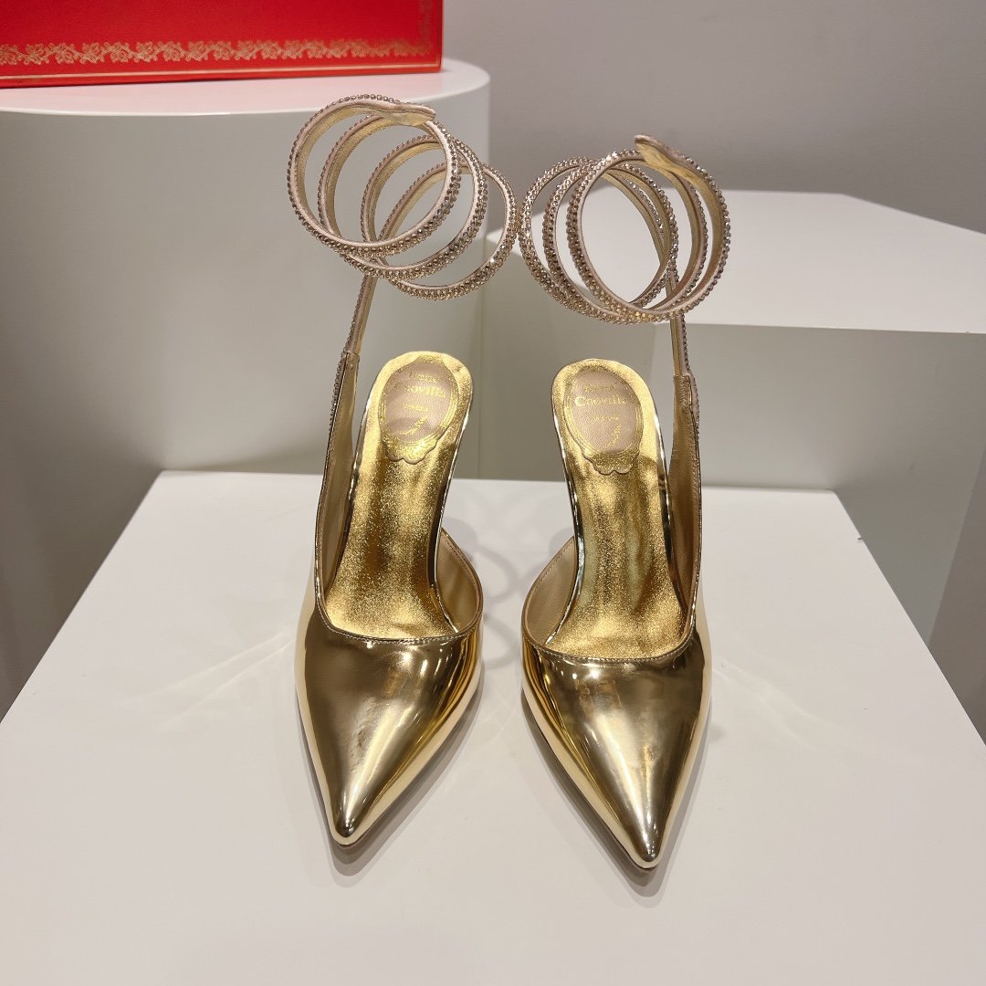 顶级版2024芮妮乔薇拉CLEO系列包头蛇形后绑带高跟女士露跟单鞋高跟鞋完美革新重新演绎最具标志性的尖头