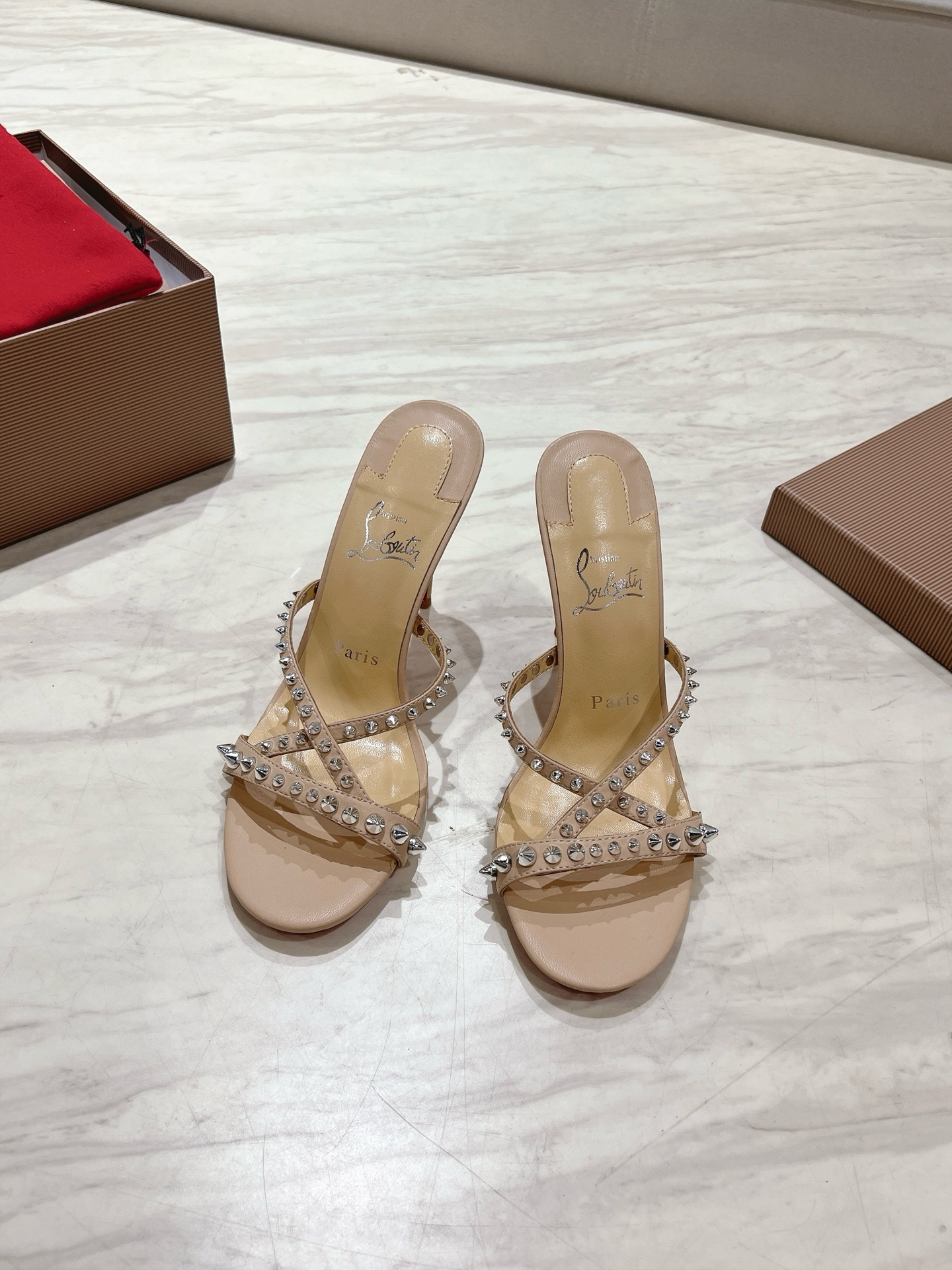 NO:259172,Top version Original box Christian Louboutin | 2025s original product making heavy industry CL Liuding cross-length strip high heel slippers Material top layer high gloss calf patent leather rivets inner grain pearlescent sheepskin outsole original imported AR1 top leather outsole Size34-43 