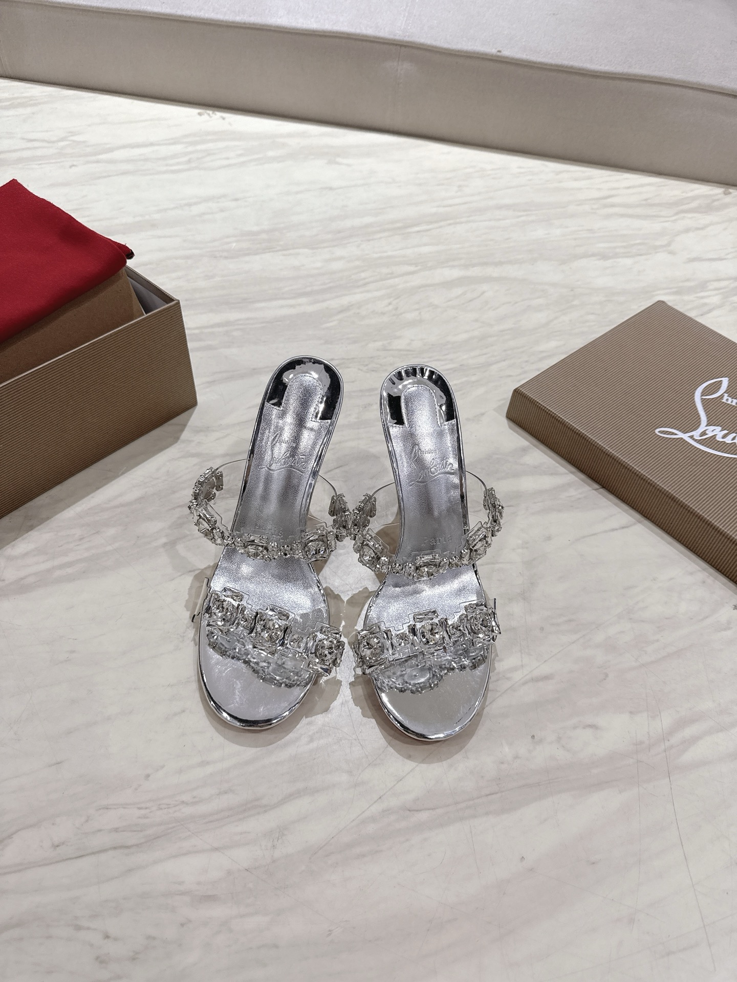 NO:262729,Top version Original box Christian Louboutin | 2025s original product making heavy industry CLJUST QUEEN crystal high heel slippers imported material PVC   Crio rhinestones inner grain pearlescent sheepskin outsole original imported AR1 top leather outsole Size34-43 