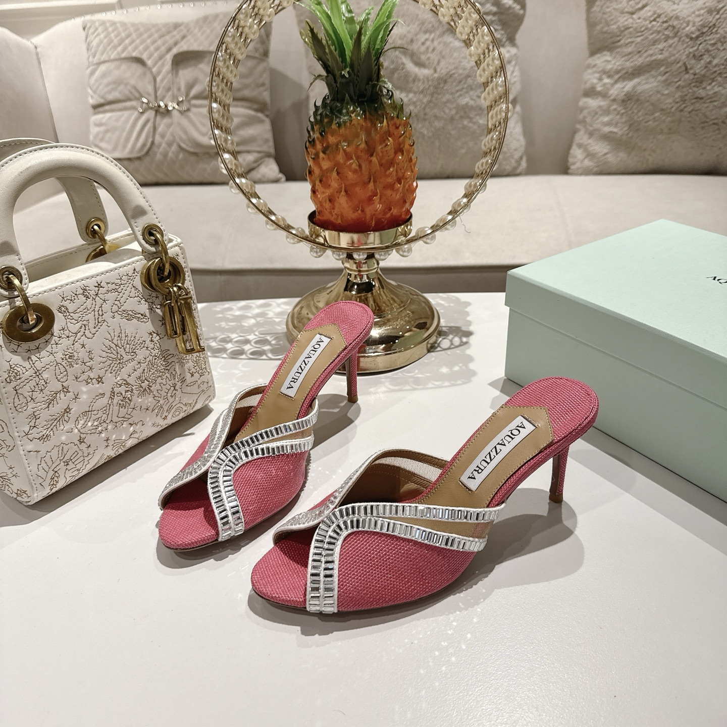 Aquazzura Pink Embellished Heeled Mules