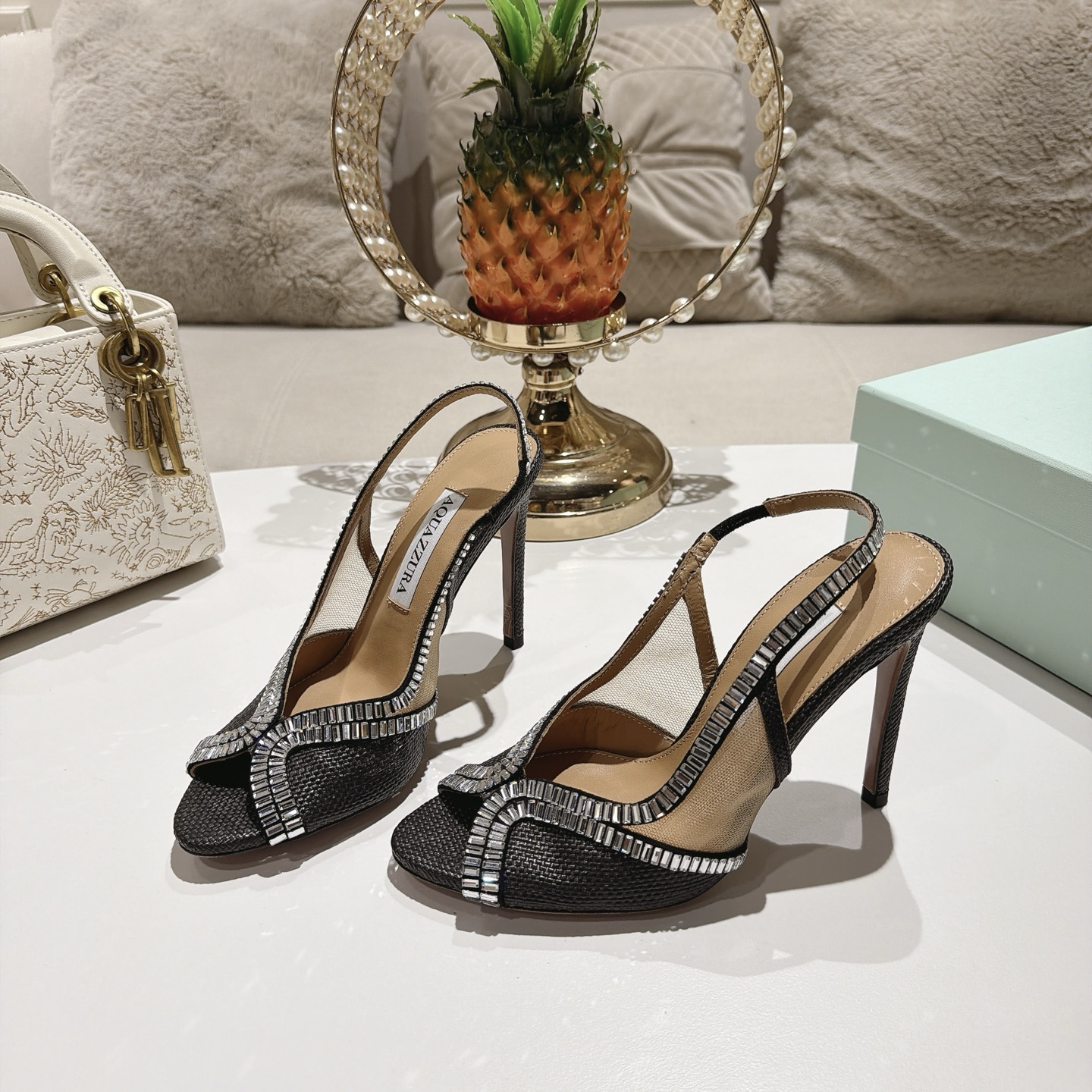 Aquazzura Black Embellished Slingback Sandals