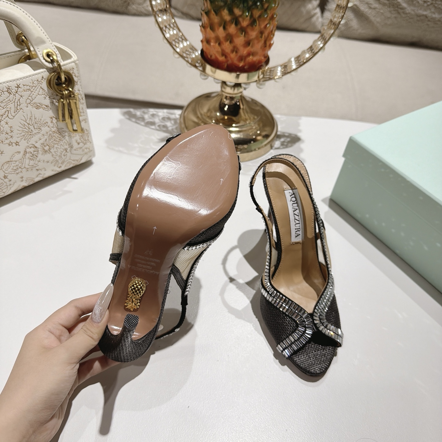 Aquazzura Black Embellished Slingback Sandals