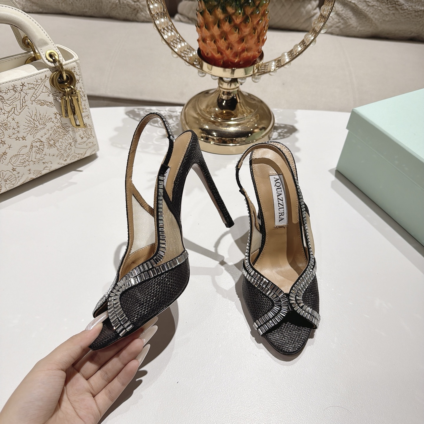 Aquazzura Black Embellished Slingback Sandals