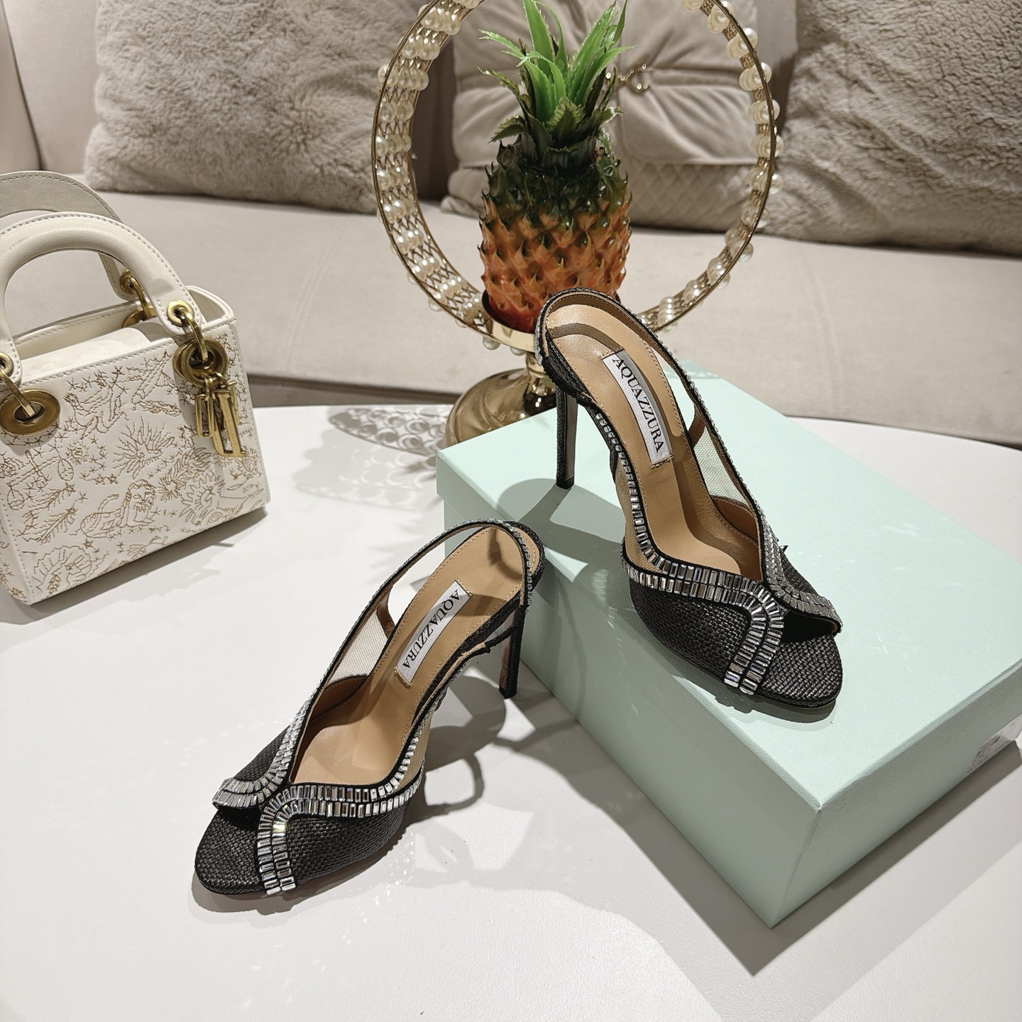 Aquazzura Black Embellished Slingback Sandals