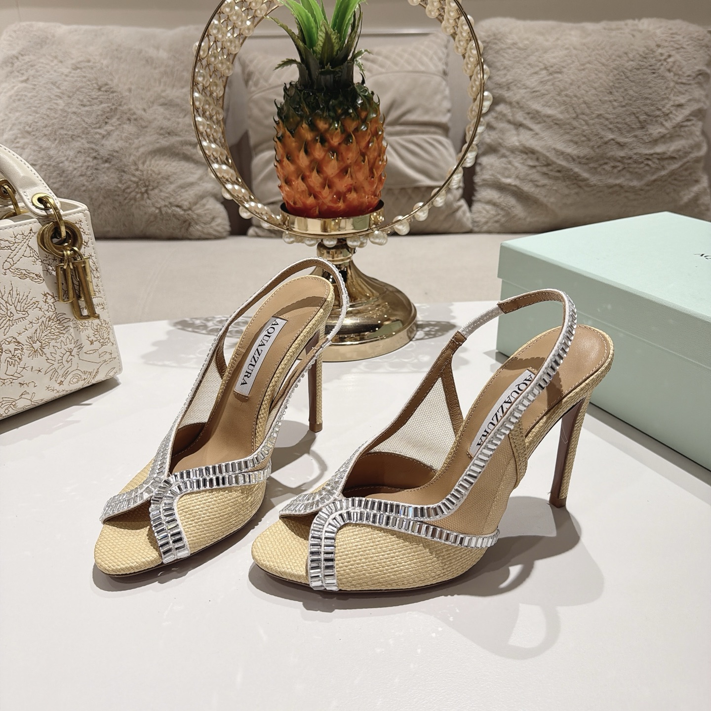 Aquazzura Beige Embellished Slingback Sandals