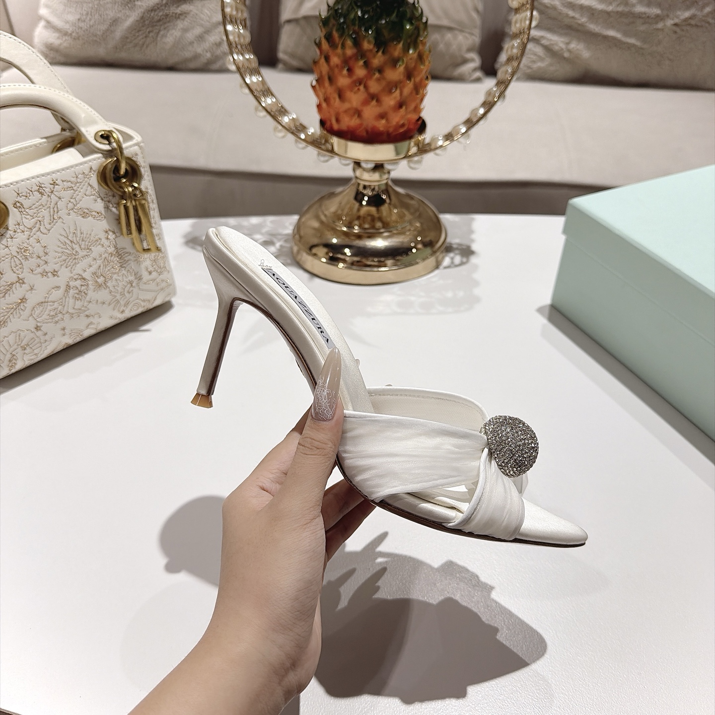 Aquazzura White Embellished Heeled Mules