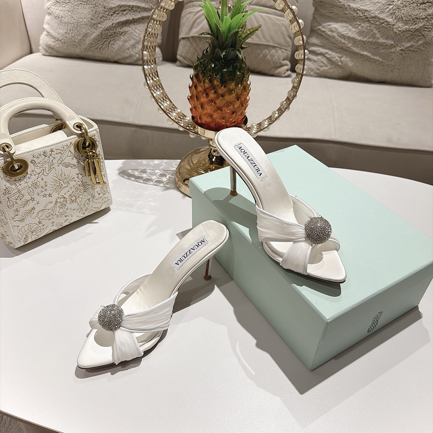 Aquazzura White Embellished Heeled Mules