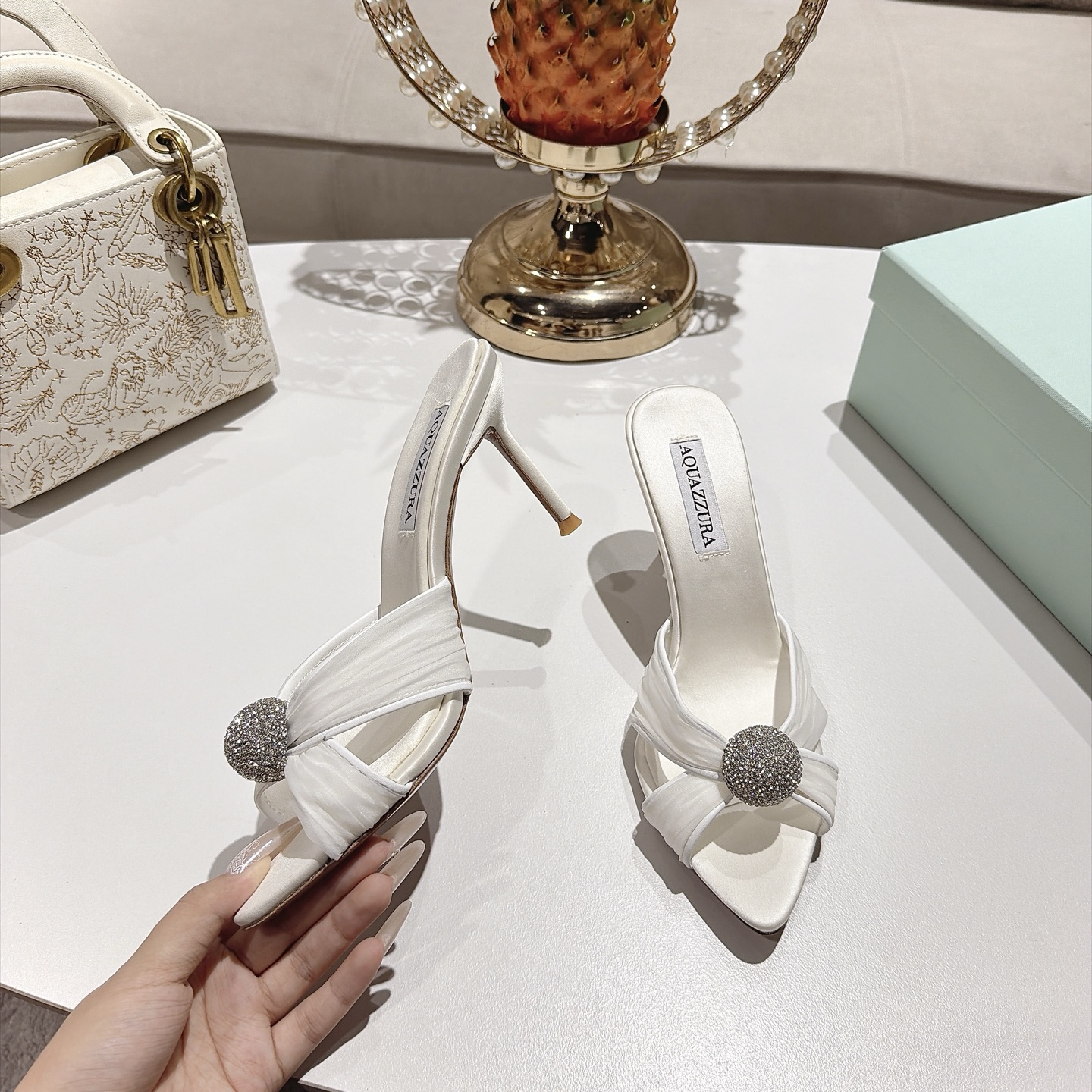 Aquazzura White Embellished Heeled Mules