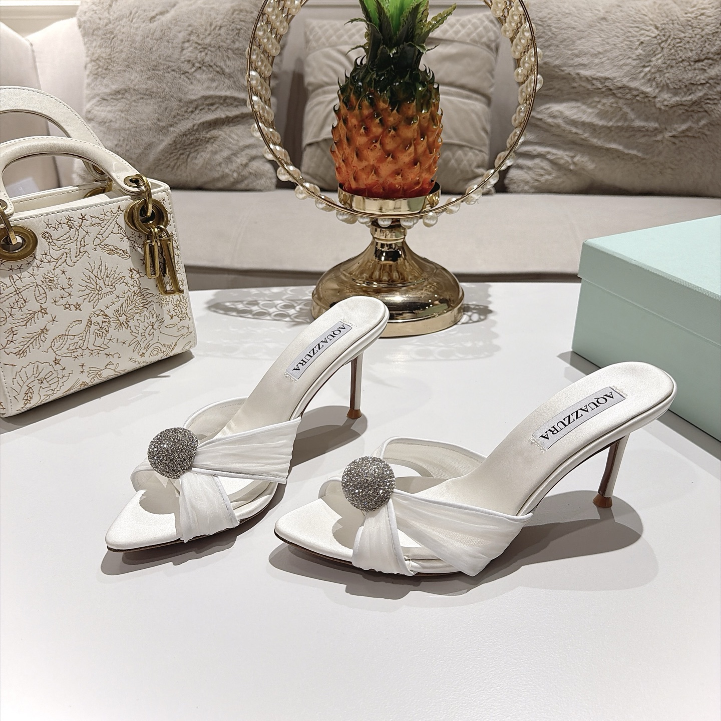 Aquazzura White Embellished Heeled Mules