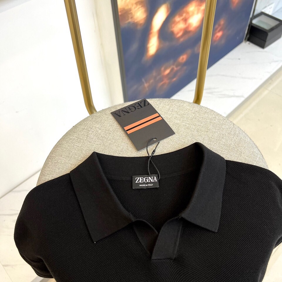 Zegna杰尼亚、2025秋冬新款简约商务休闲无扣翻领长袖男士针织POLO衫。海鸥领的设计理念打破传统固