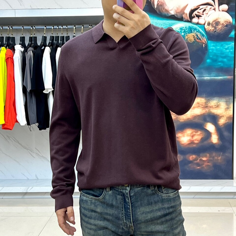 Zegna杰尼亚、2025秋冬新款简约商务休闲无扣翻领长袖男士针织POLO衫。海鸥领的设计理念打破传统固