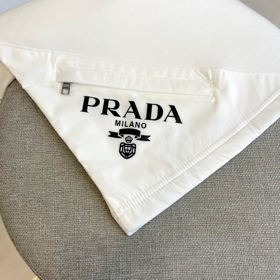 Prad普拉、2025秋冬长袖T恤卫衣。左胸椭圆形金色徽标镌刻品牌基因，领口内侧格纹暗藏经典传承——这是