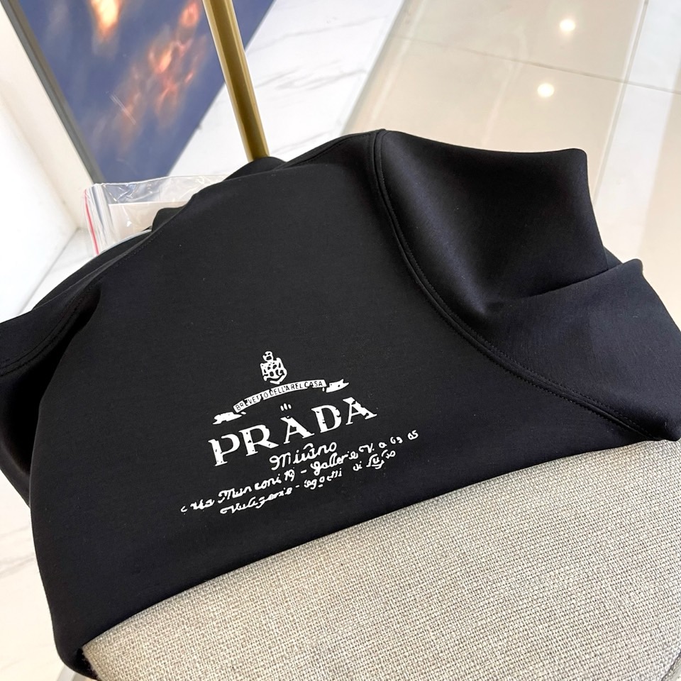 Prad普拉、2025秋冬长袖T恤卫衣。左胸烫金皇冠与手写体