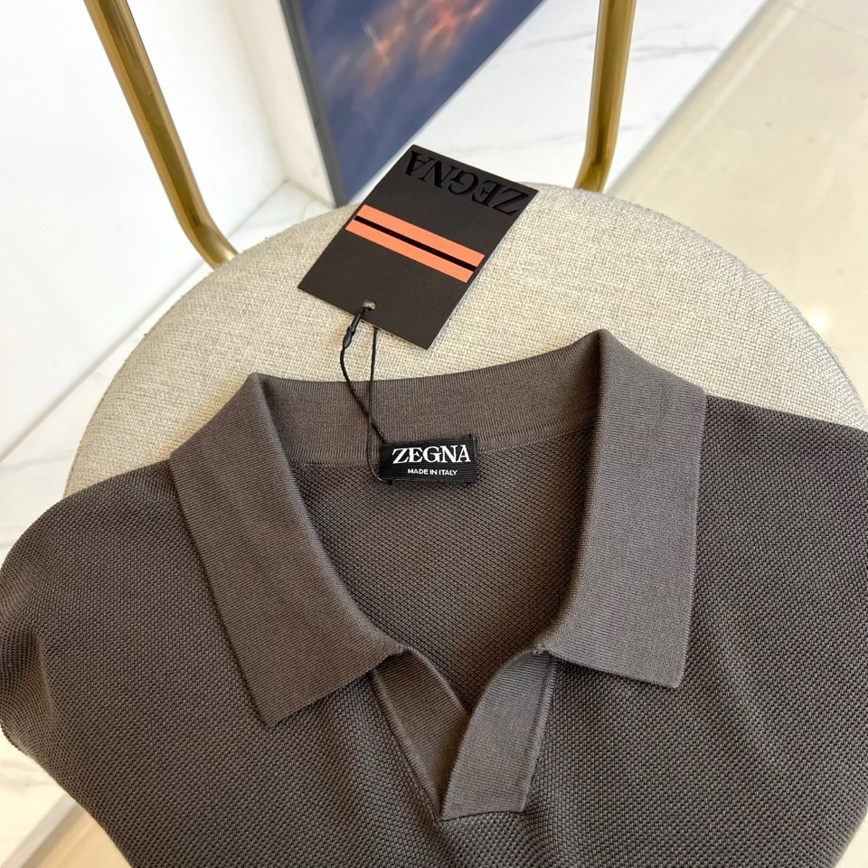 Zegna杰尼亚、2025秋冬新款简约商务休闲无扣翻领长袖男士针织POLO衫。海鸥领的设计理念打破传统固