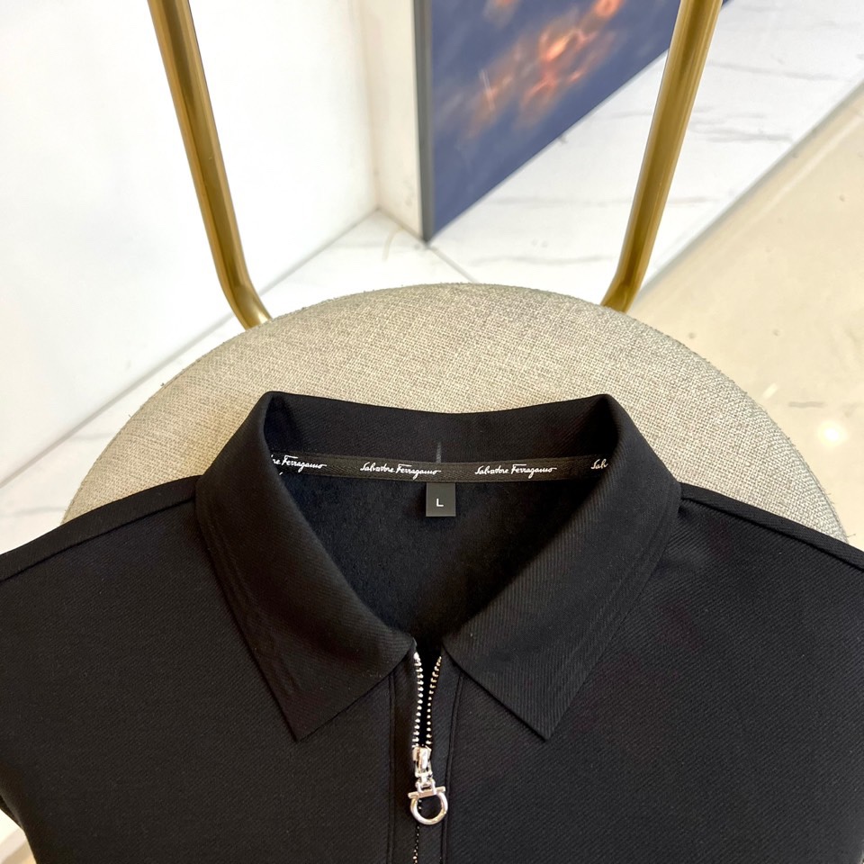 Ferragam菲拉格慕、2025秋冬男士系列。白色珠地棉长袖翻领POLO衫。精选47.6%棉+47.9