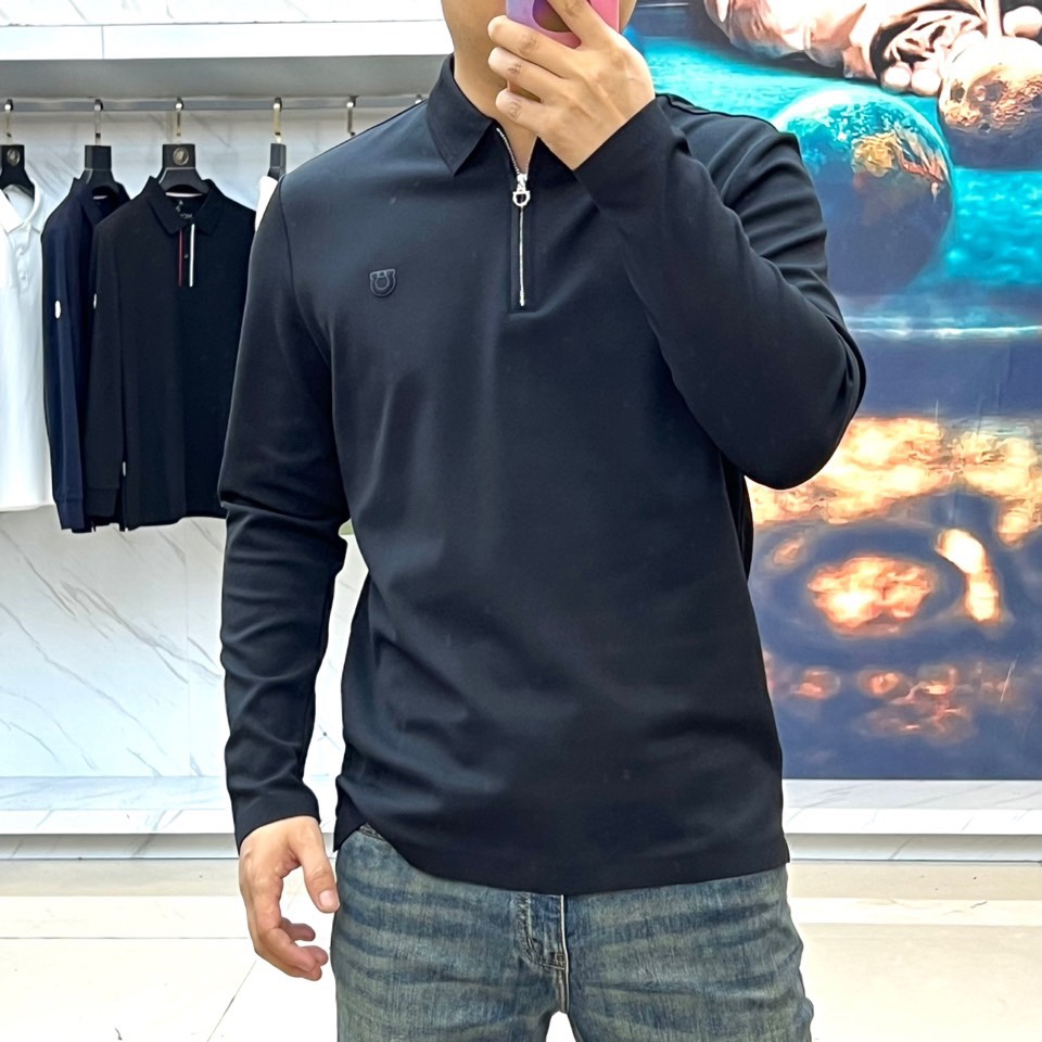 Ferragam菲拉格慕、2025秋冬男士系列。白色珠地棉长袖翻领POLO衫。精选47.6%棉+47.9