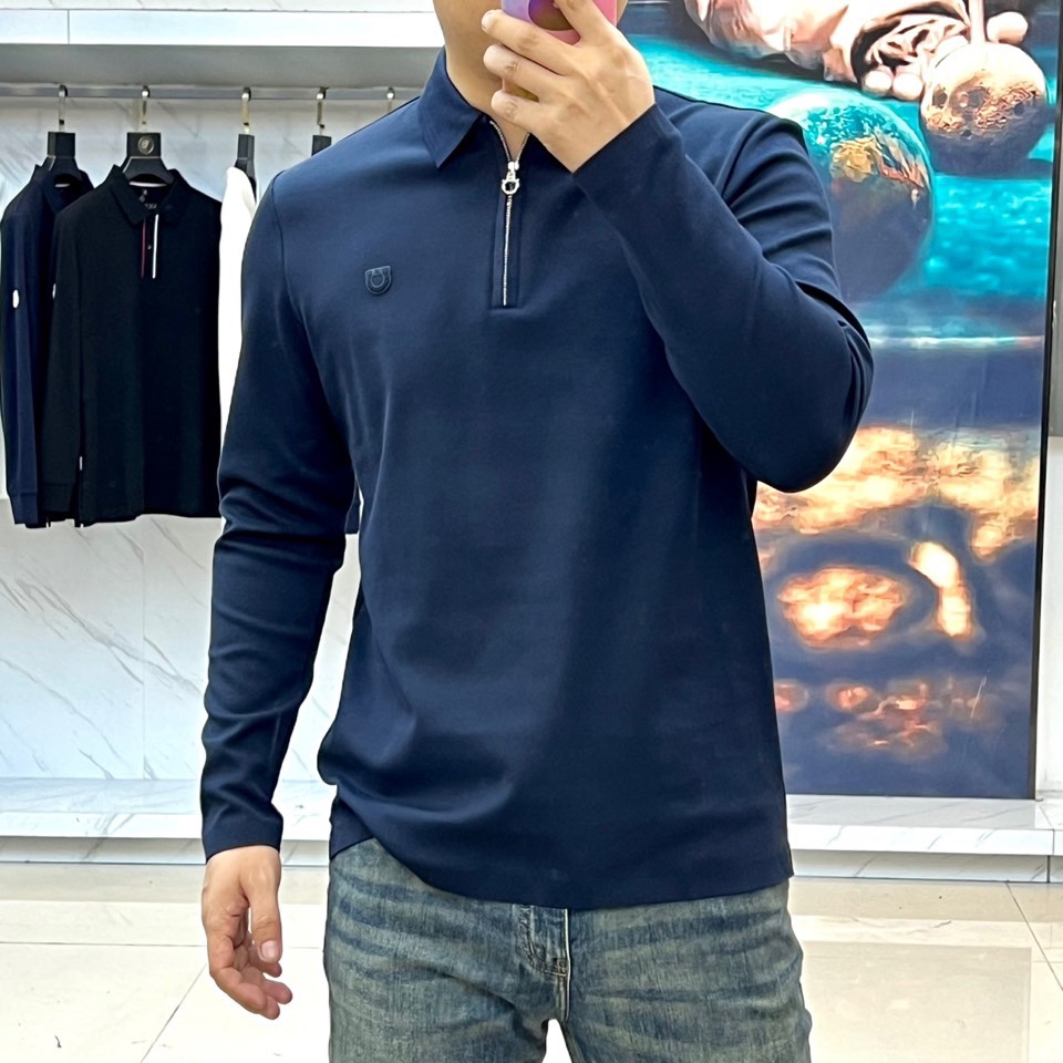 Ferragam菲拉格慕、2025秋冬男士系列。白色珠地棉长袖翻领POLO衫。精选47.6%棉+47.9