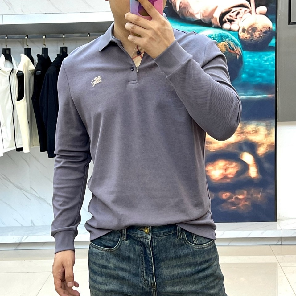 Bur巴宝莉、25秋冬精品！男士珠地棉长袖口袋翻领POLO衫，早秋男士基础百搭长袖衫，妥妥的商务精英标配
