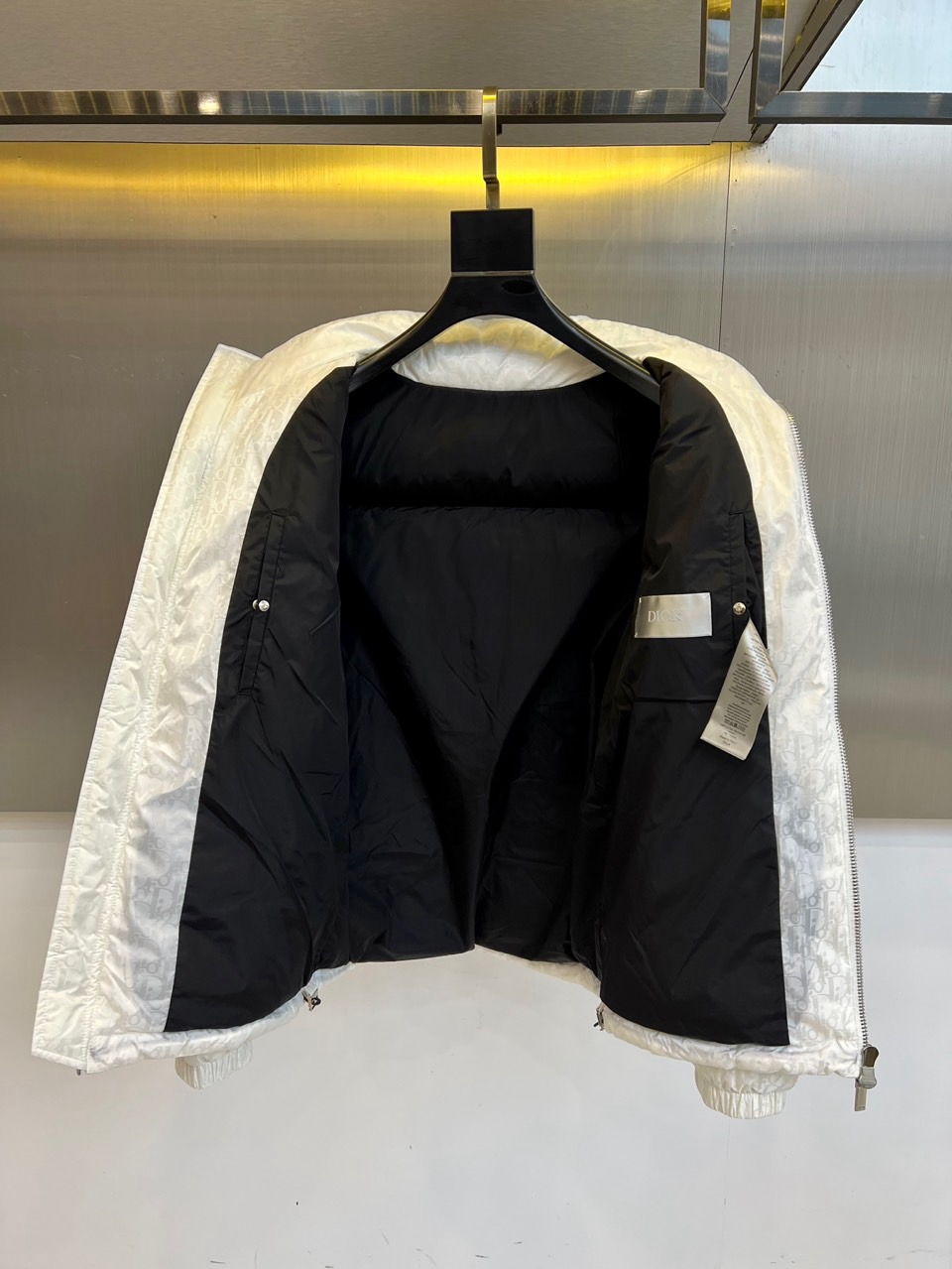 Dio迪奥（白鹅绒）、2025秋冬新品羽绒服。款式采用挺括的立领设计与流畅的拉链闭合，轮廓线条利落大气。