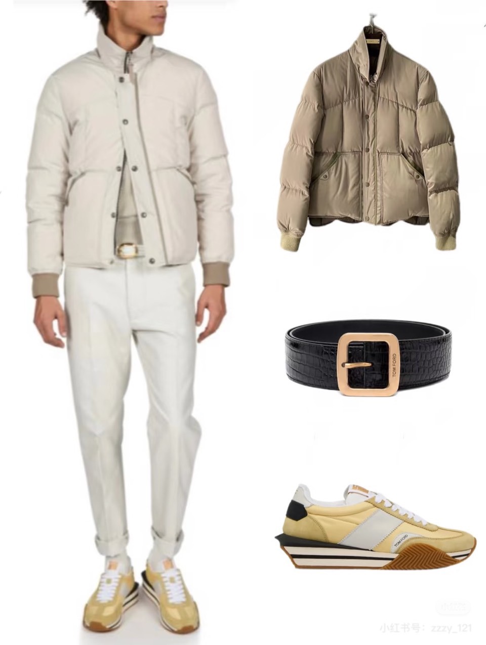 TOM FORD 2025秋冬新品男士羽绒服，以经典卡其色调诠释现代都市美学。款式采用利落的立领设计，配